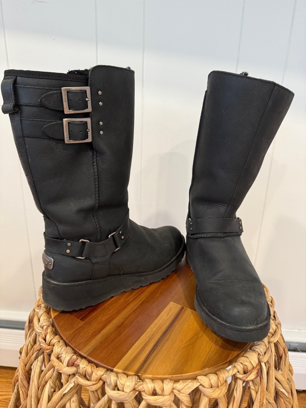UGG Black Mid-Calf Leather Buckle Boots